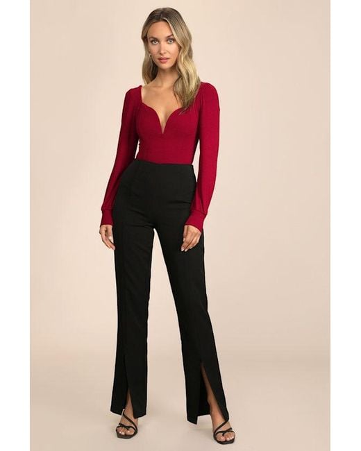Lulus Red Flirting For Fun Ribbed Long Sleeve Bodysuit