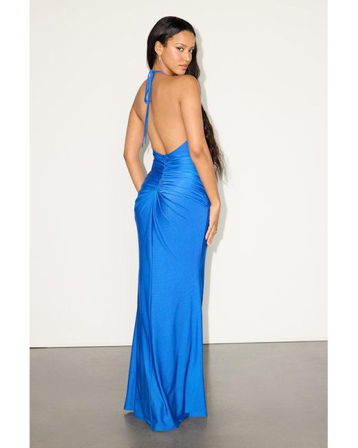 Lulus Women's Blue Zaniya Ruched Halter Maxi Dress - bombsquadbeer.co.uk