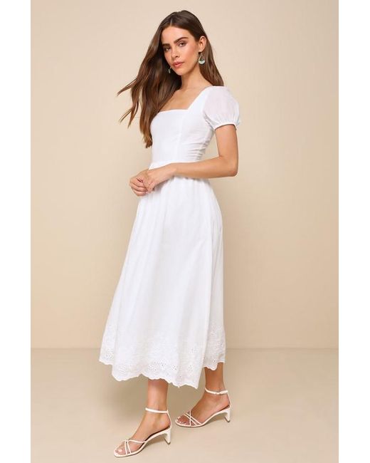 Lulus Natural Stylish Merriment Puff Sleeve Embroidered Midi Dress