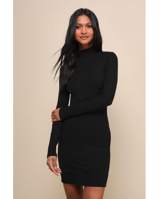 Lulus Natural Dashing Ribbed Mock Neck Long Sleeve Bodycon Mini Dress