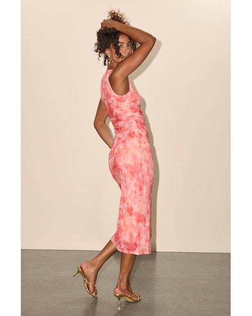 Lulus Pink Elyra Abstract Mesh Ruched Crew Neck Midi Dress