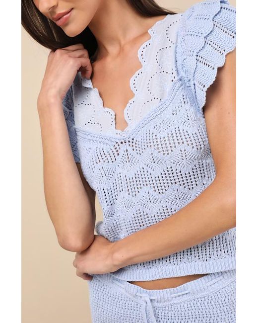 JACQUIE THE LABEL Blue Caroline Crochet Knit Flutter Sleeve Top