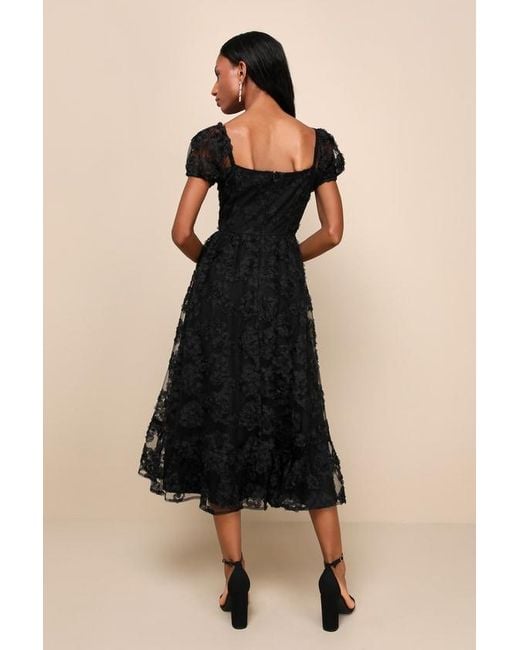 Lulus Black Notable Elegance Mesh Floral Applique Bustier Midi Dress