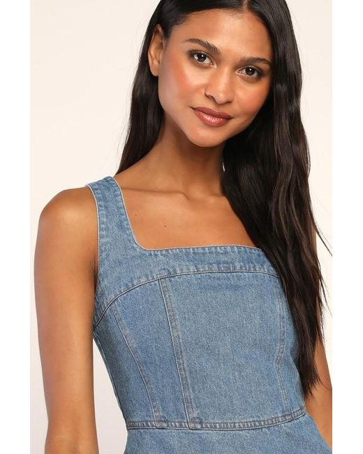 Lulus Blue So Delighted Medium Wash Denim Corset Seam Mini Dress