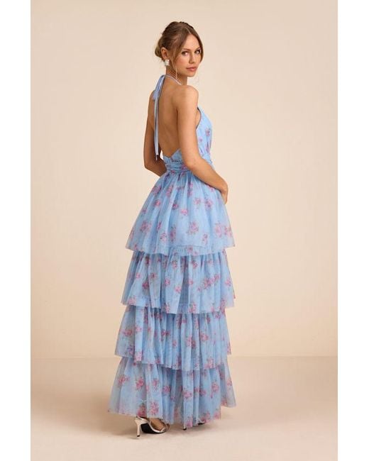 Lulus Blue Charmian Floral Tulle Tiered Maxi Dress