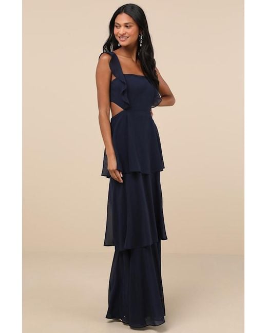 Lulus Blue Elegant Event Ruffled Tie-Back Tiered Maxi Dress