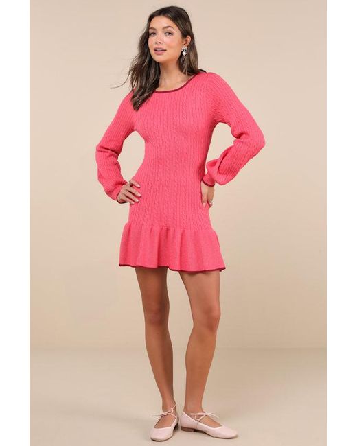 Lulus Pink Coziest Poise Cable Knit Long Sleeve Sweater Mini Dress