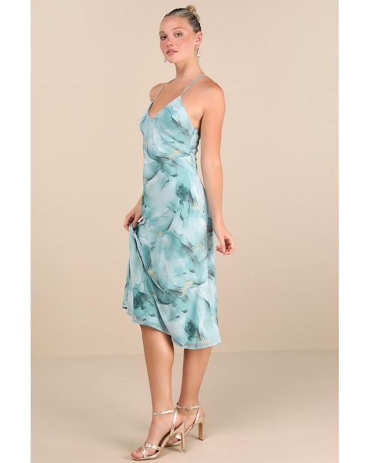Lulus Blue Bright Charm Abstract Print Chiffon Slip Midi Dress