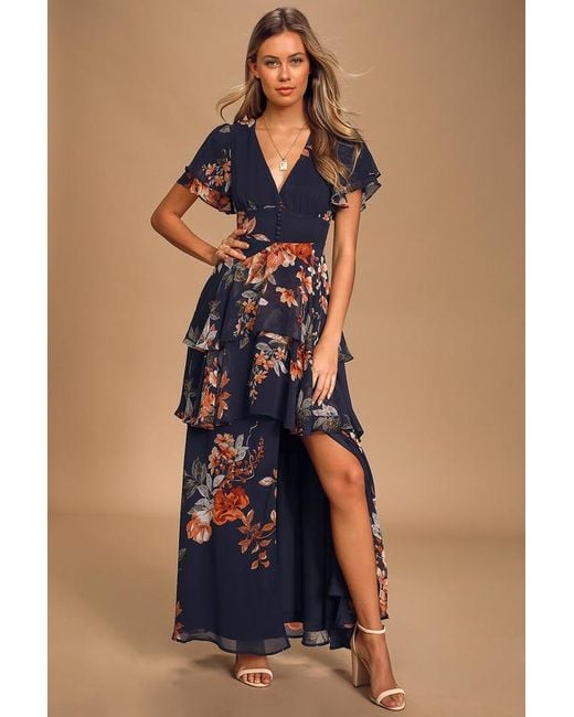 Lulus Blue Midnight Mood Floral Print Tiered Maxi Dress