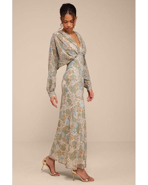 Lulus Natural Azalea Sage Multi Floral Long Sleeve Midi Dress
