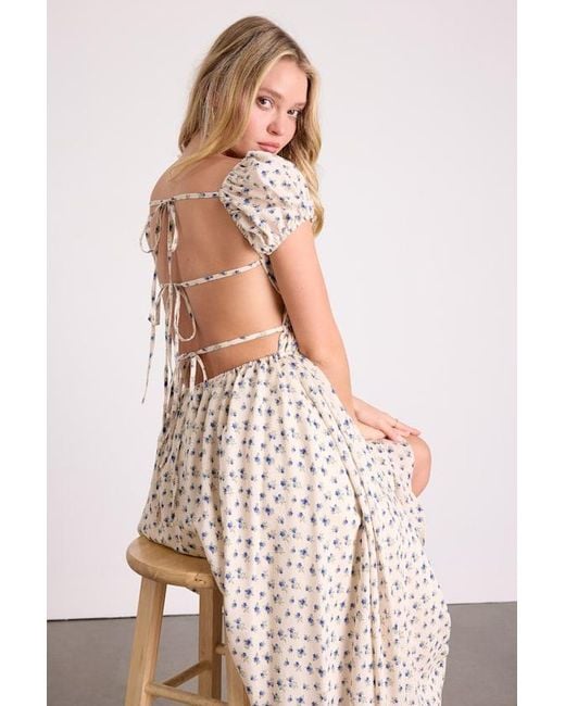 Lulus White Wanda Ditsy Floral Tie-Back Puff Sleeve Maxi Dress