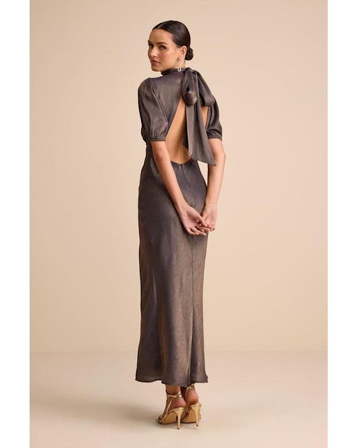 Lulus Talira Dark Satin Lurex Mock Neck Cutout Maxi Dress in Natural | Lyst