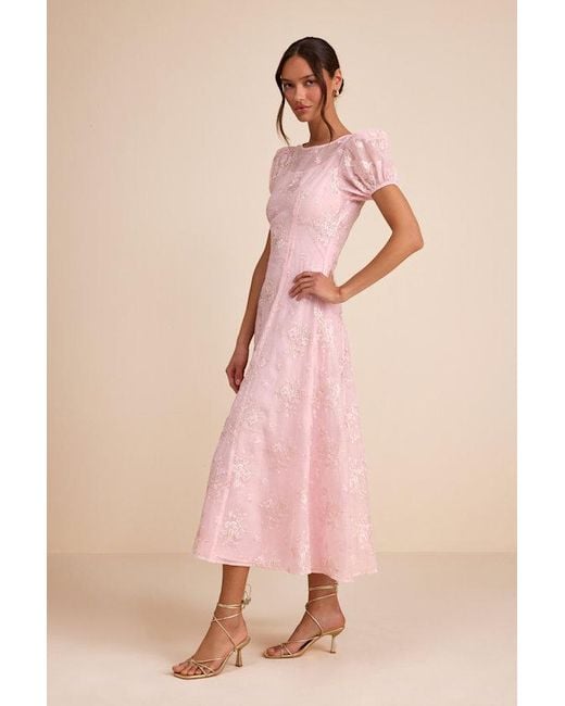 Lulus Pink Elfrieda Blush Floral Embroidered Puff Sleeve Midi Dress