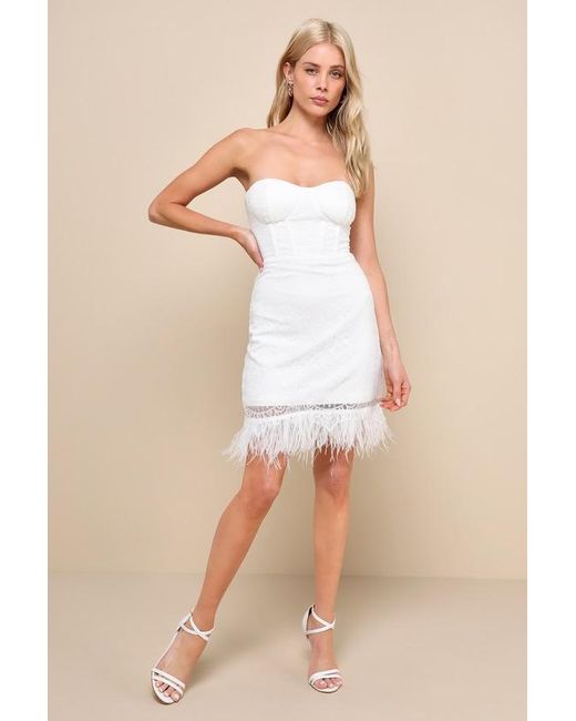Lulus Natural Vivacious Moment Lace Bustier Strapless Feather Mini Dress