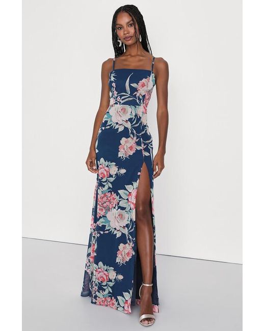 Lulus Blue Feeling Elegant Dark Floral Print Lace-Up Slit Maxi Dress