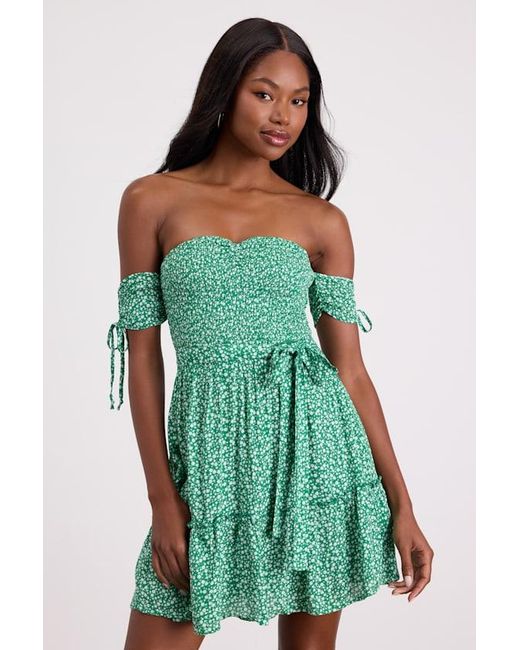 Lulus Green Sweetest Feelings Floral Off-The-Shoulder Mini Dress