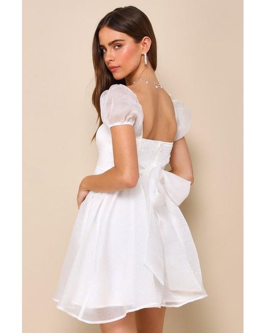 Lulus White Sweetest Grace Shiny Organza Puff Sleeve Mini Dress