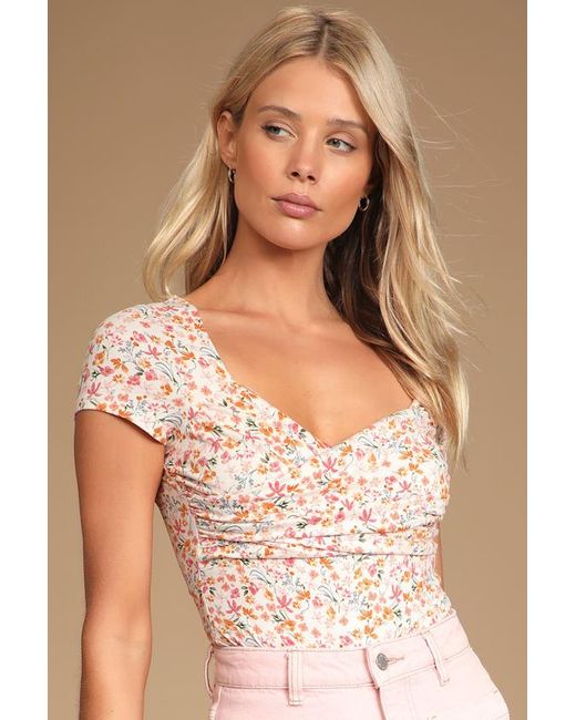 Lulus Brown Sweetest Nature Floral Print Short Sleeve Bodysuit