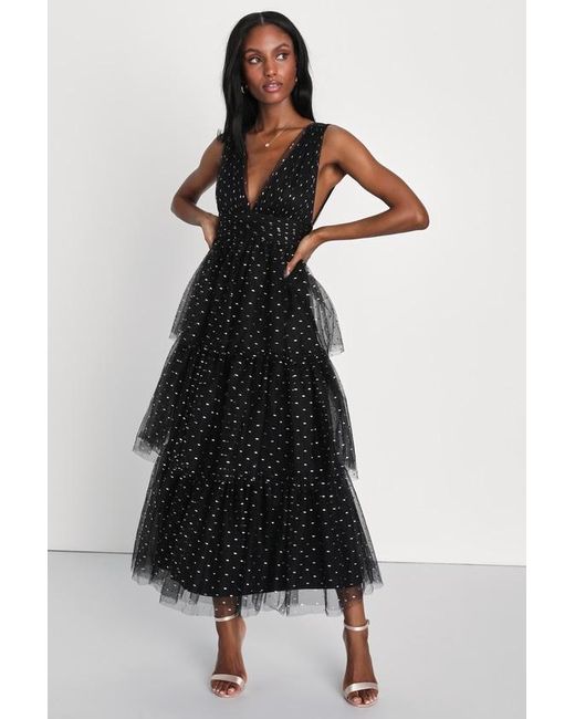 Lulus Black Decadent Impression Tulle Tiered Shiny Dot Midi Dress