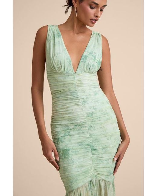 Lulus Green Jamie Floral Mesh Sheer Hem Maxi Dress