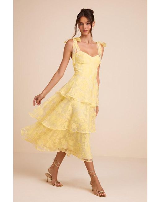 Lulus Yellow Glamorous Sweetie Burnout Tie-Strap Bustier Midi Dress