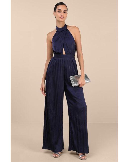 Lulus Blue Confident Impression Satin Pleated Halter Jumpsuit
