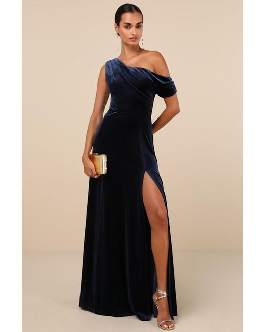 Lulus Blue Coveted Confidence Velvet Asymmetrical Maxi Dress