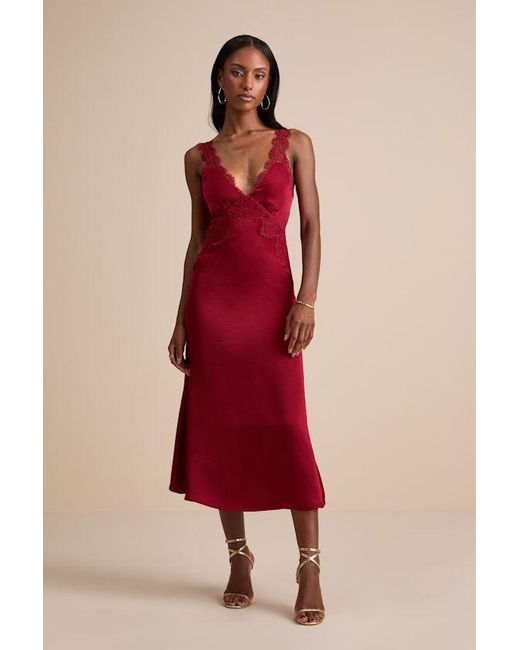 Lulus Red Alayah Satin Lace Tie-Back Midi Dress