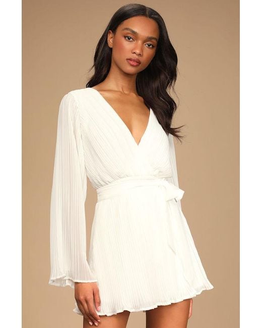 Lulus Natural Embrace Your Beauty Pleated Long Sleeve Skort Romper