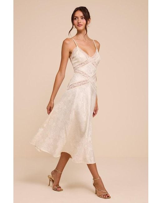 Lulus Natural Adia Floral Jacquard Satin Midi Dress
