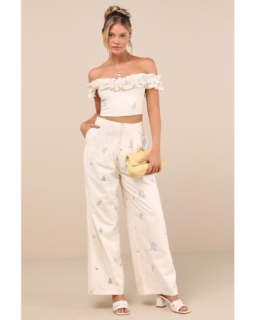 Lulus Natural Rowena Cream Embroidered Ruffled Crop Top