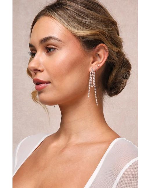 Lulus Brown Dainty Charisma Rhinestone Pearl Fringe Earrings