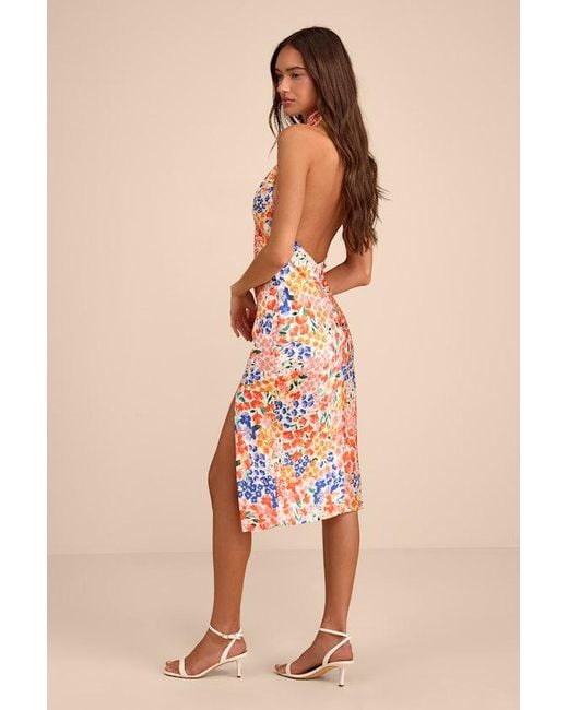 Lulus Orange Bold Presence Multi Floral Satin Halter Midi Dress