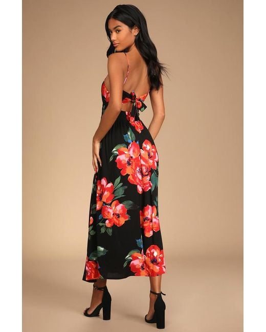 Lulus Red Tropical Blooms Floral Print Tie-Back Cutout Dress