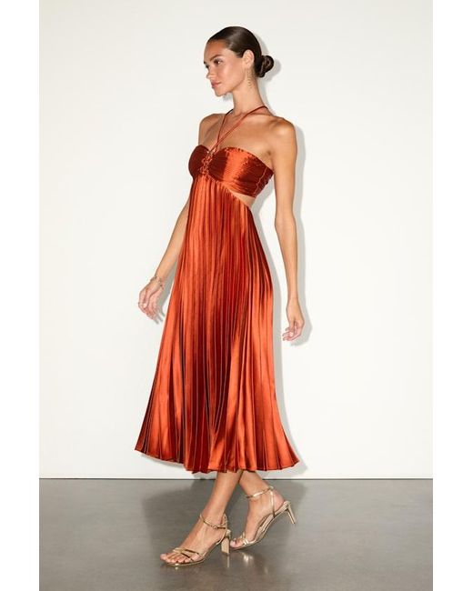 Lulus Red Aerin Rust Satin Pleated Cutout Midi Dress