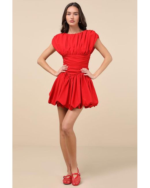 Extro & Vert Red Orla Ruched Cap Sleeve Bubble-Hem Mini Dress
