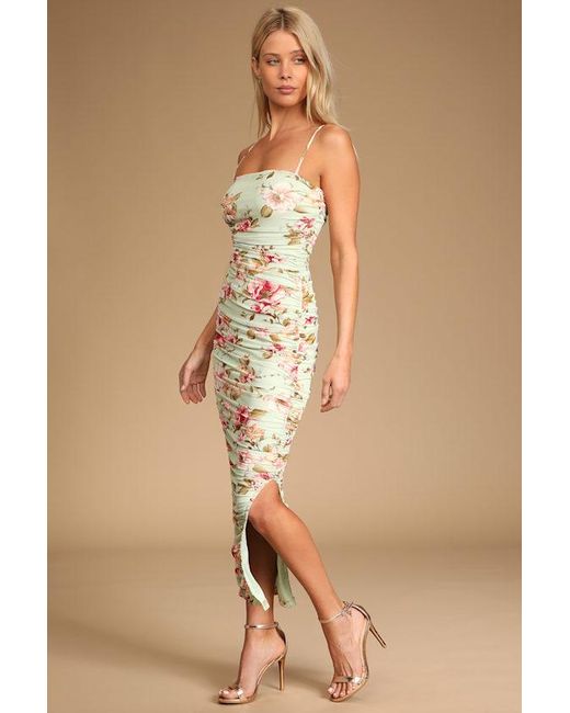 Lulus Natural Stun And Only Sage Floral Print Ruched Mesh Bodycon Midi Dress