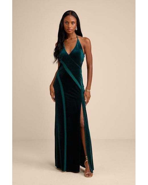slim fit dress slacks Lavernia | Olive Velvet Halter-Neck Maxi Dress with Gathered-Detailing main image 0