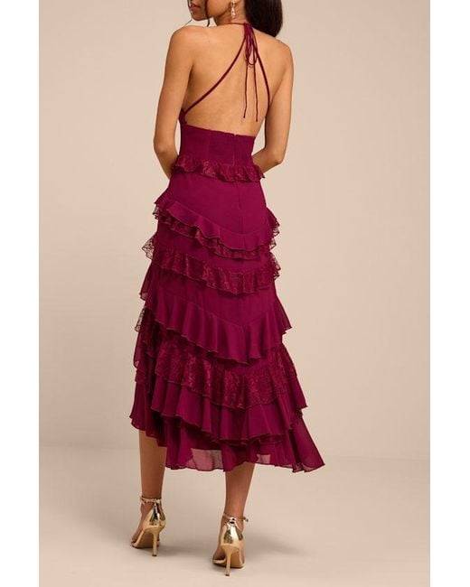 Lulus Red Melena Ruffled Lace Midi Dress