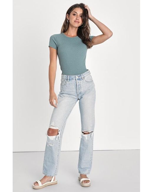 Lulus Blue Essential Trend Sage Pointelle Knit Short Sleeve Top