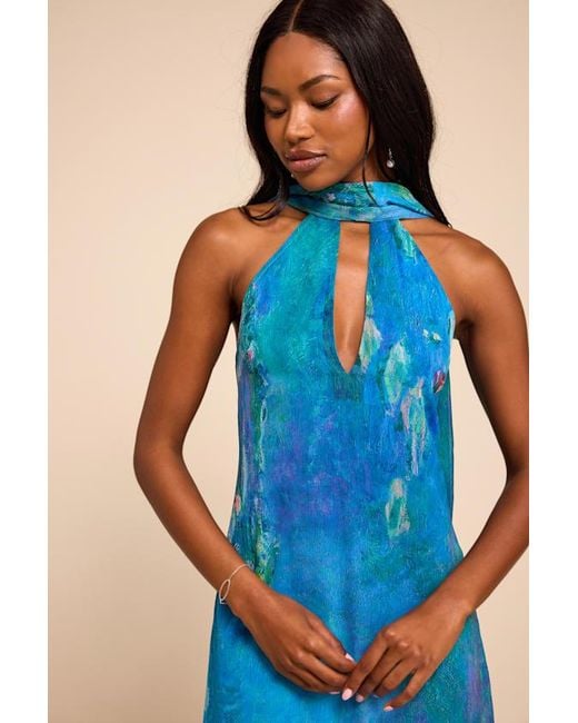 Lulus Blue Calixta Abstract Chiffon Sash Shift Maxi Dress