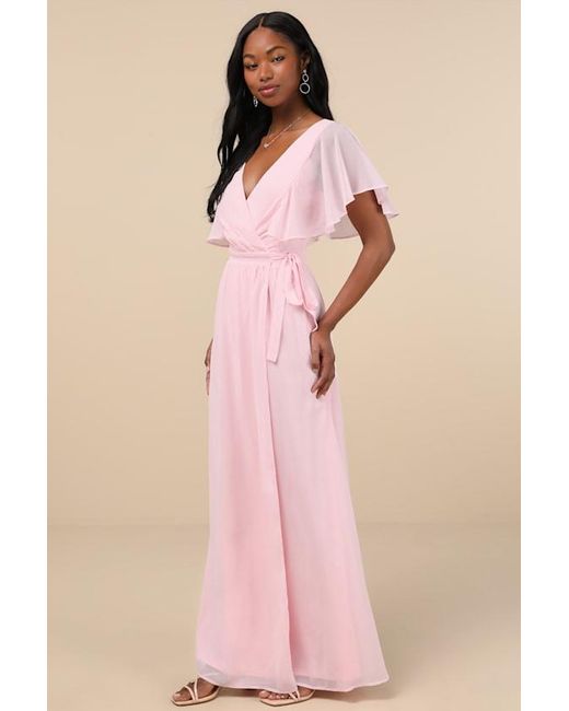 Lulus Pink Convincing Grace Light Blush Flutter Sleeve Wrap Maxi Dress