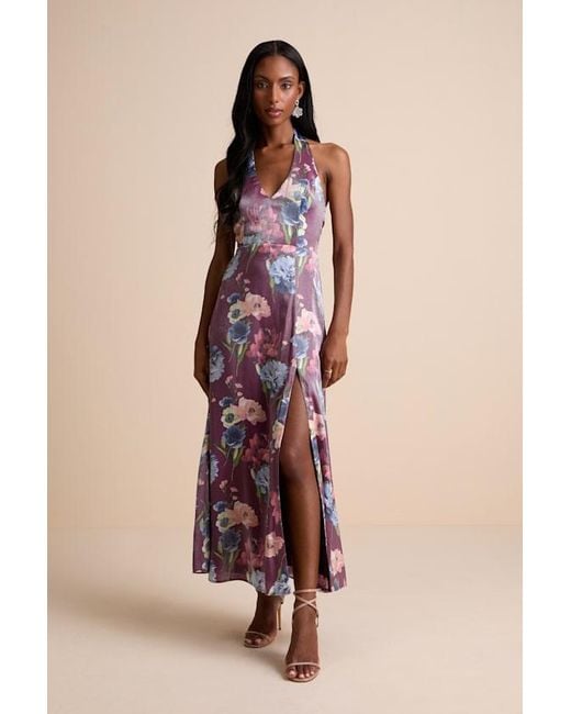 Lulus Natural Liviana Dark Floral Halter Maxi Dress