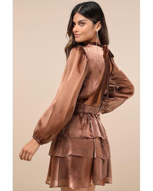 Lulus Brown Ideal Behavior Bronze Metallic Backless Tiered Mini Dress