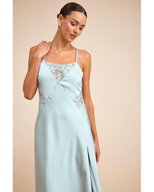 Lulus Blue Luetta Pale Satin Lace Slip Midi Dress