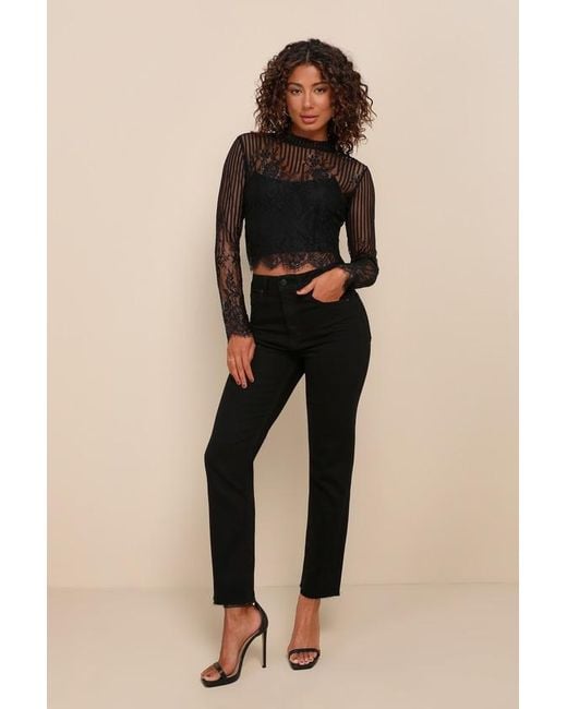 Lulus Black Tempt Me Sheer Lace Long Sleeve Crop Top