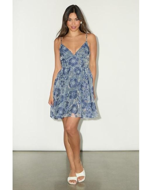 Lulus Blue Floral Feelings Floral Jacquard Babydoll Mini Dress