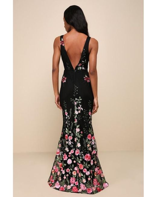 Lulus Black Soiree Blossom Floral Embroidered Mermaid Maxi Dress