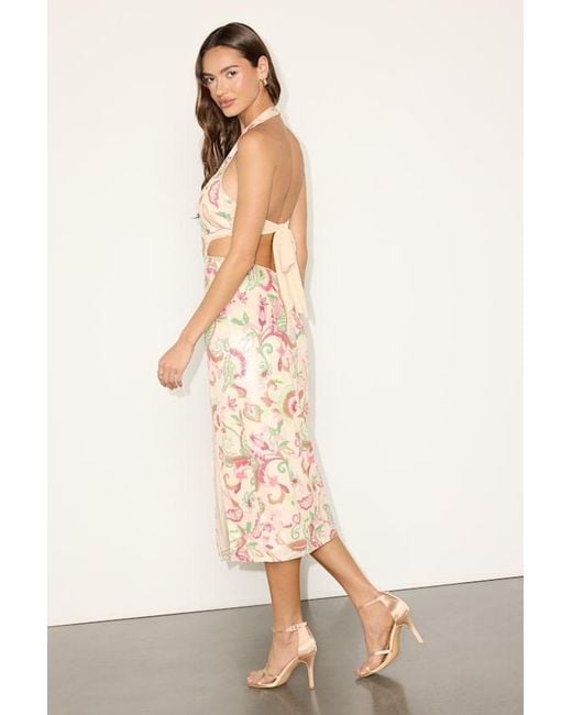 Lulus Natural Denaris Floral Sequin Tie-Back Midi Dress