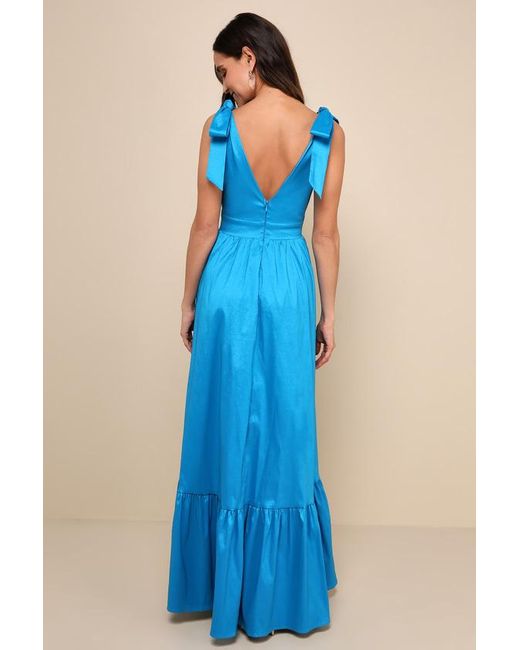 Lulus Blue Rare Charm Taffeta Tie-Strap Maxi Dress With Pockets